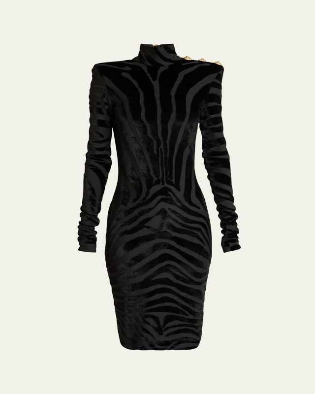 Zebra Velvet Strong-Shoulder Long-Sleeve Dress